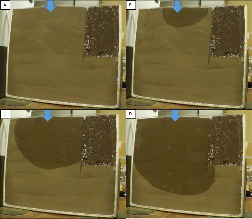 Figure 1. This sequence of photos show the movement of water applied to Tehama series silty-loam soil. Water was applied at the blue arrow, approximately 4 inches from the potting soil. Total elapsed time was 51 minutes. Water moved downwards and laterally, but did not cross the boundary into the potting soil.